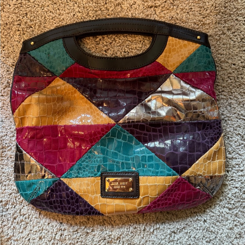 Vintage Nine West Multicolor Croc-Embossed Patchwork Shoulder Tote
